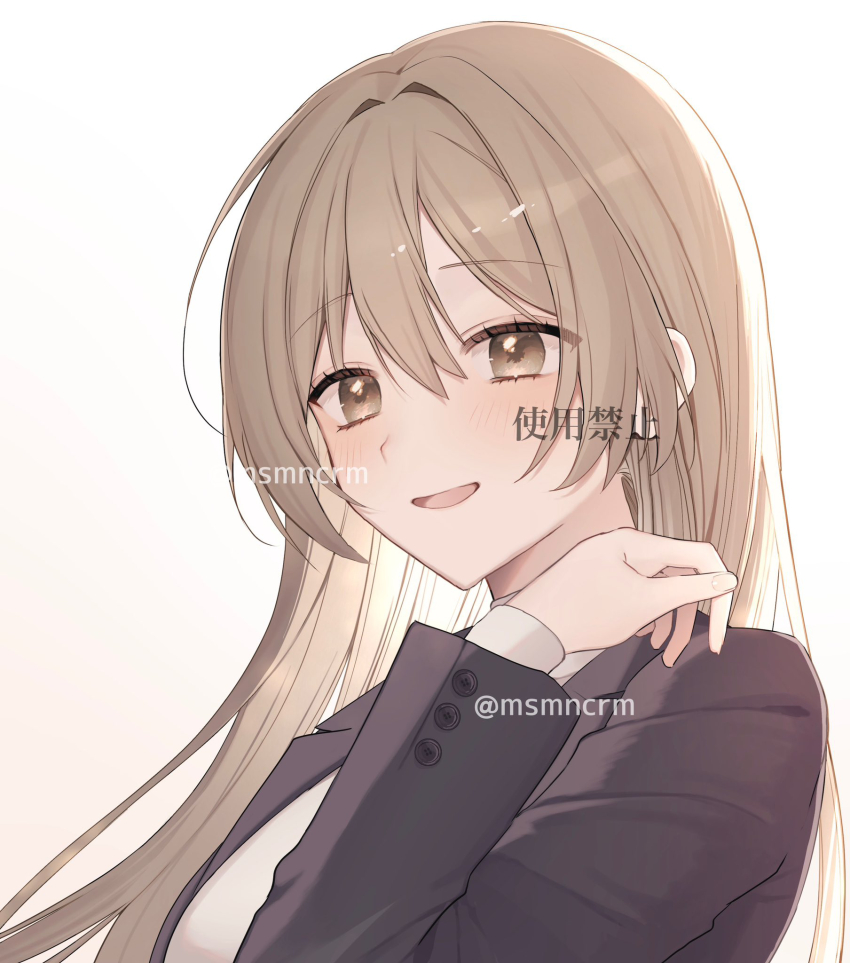1girl black_shirt blonde_hair blush brown_eyes buttons commentary_request commission hair_between_eyes hair_intakes hand_on_own_shoulder hand_up highres kumo_tabetai long_hair looking_at_viewer open_mouth original shirt simple_background smile solo twitter_username upper_body watermark white_background white_shirt