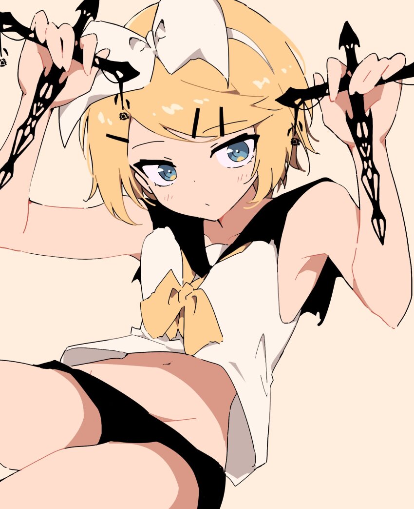 1girl black_shorts blonde_hair blue_eyes bow cross crucifix giryu highres holding kagamine_rin looking_at_viewer neckerchief sailor_collar shirt short_hair shorts vocaloid white_bow white_shirt yellow_neckerchief