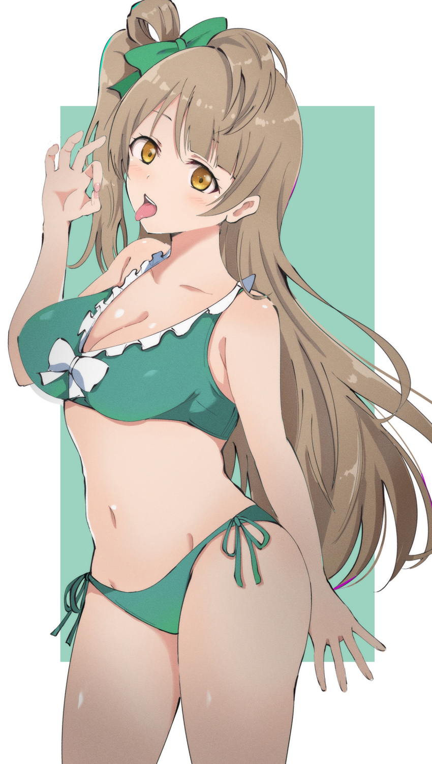 1girl bare_arms bikini blush border bow bow_bikini breasts brown_hair cleavage cowboy_shot fellatio_gesture fingernails floating_hair frilled_bikini frills green_background green_bikini green_bow hair_bow hair_rings highres long_hair looking_at_viewer love_live! love_live!_school_idol_project minami_kotori navel one_side_up open_mouth outside_border pink_nails side-tie_bikini_bottom simple_background single_hair_ring solo standing swimsuit tongue tongue_out very_long_hair wewe white_border white_bow yellow_eyes