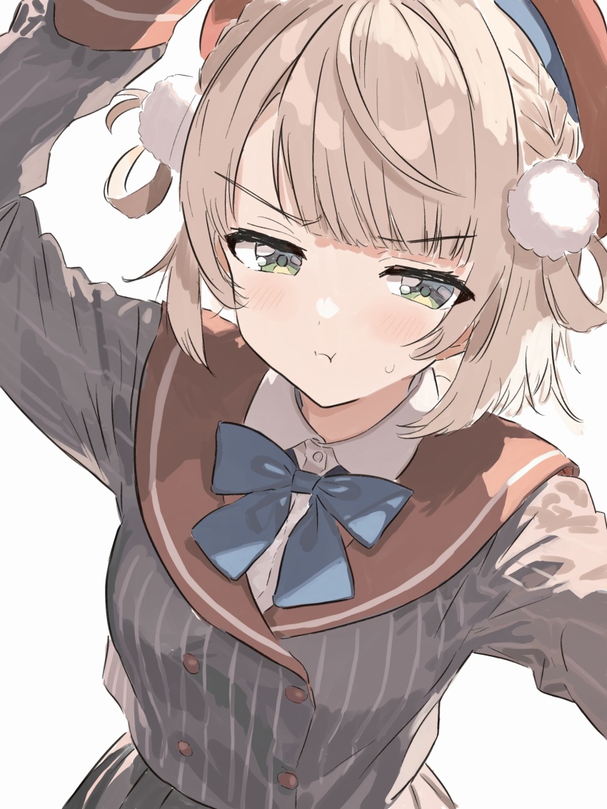 &gt;:( 1girl arms_up beret blonde_hair blue_bow blue_bowtie blunt_bangs bow bowtie braid collar daimyojin_t dress green_eyes hair_ornament hair_rings hat highres indie_virtual_youtuber long_sleeves pinafore_dress pinstripe_jacket pinstripe_pattern pinstripe_skirt pom_pom_(clothes) pom_pom_hair_ornament pout red_sailor_collar sailor_collar shigure_ui_(vtuber) short_hair side_braids sleeveless sleeveless_dress swept_bangs v-shaped_eyebrows virtual_youtuber white_collar