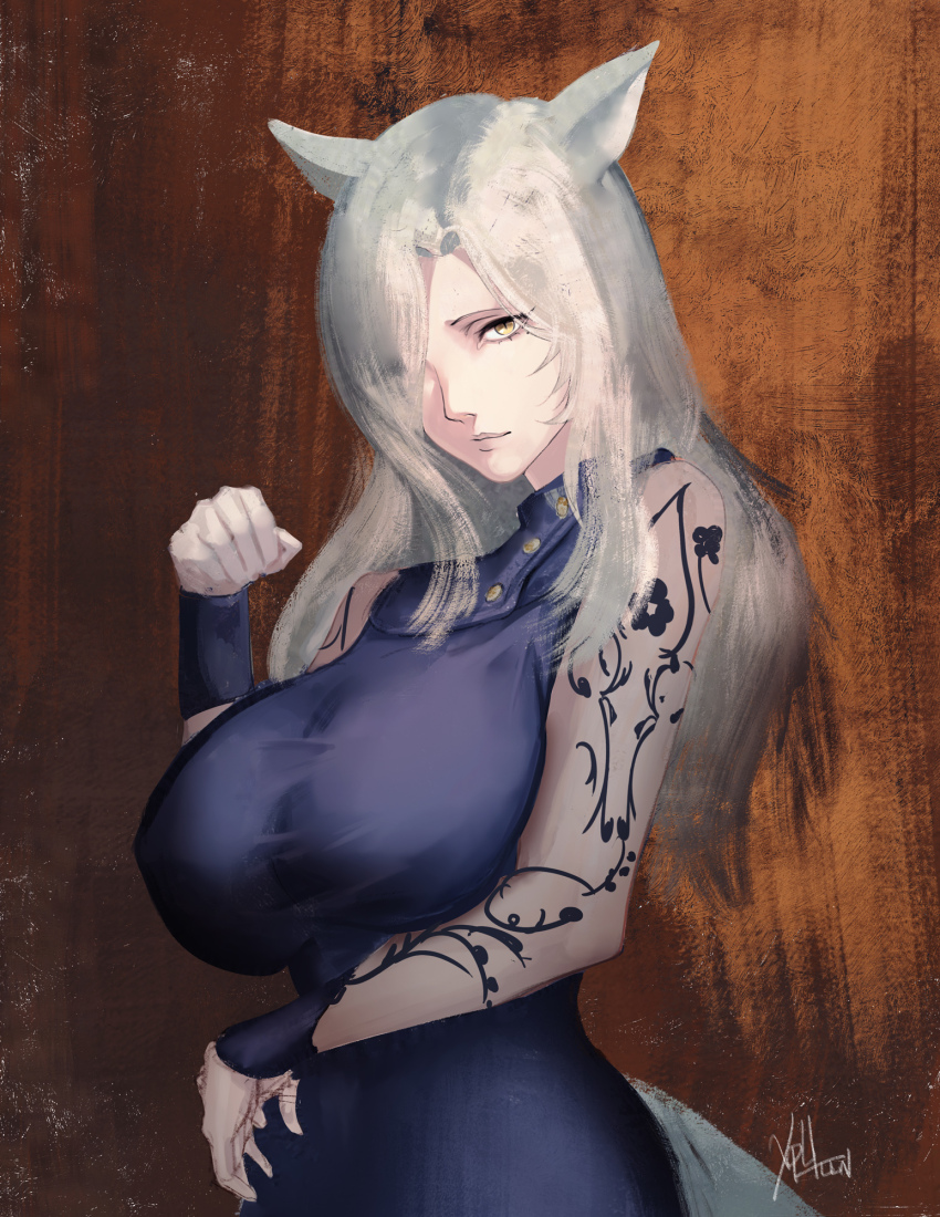 1girl animal_ears arm_tattoo breasts brown_background cat_ears cat_girl closed_mouth commentary fabienne_(metaphor:_refantazio) hair_over_one_eye highres large_breasts long_hair looking_at_viewer metaphor:_refantazio paw_pose signature solo tattoo upper_body white_hair xphlln yellow_eyes