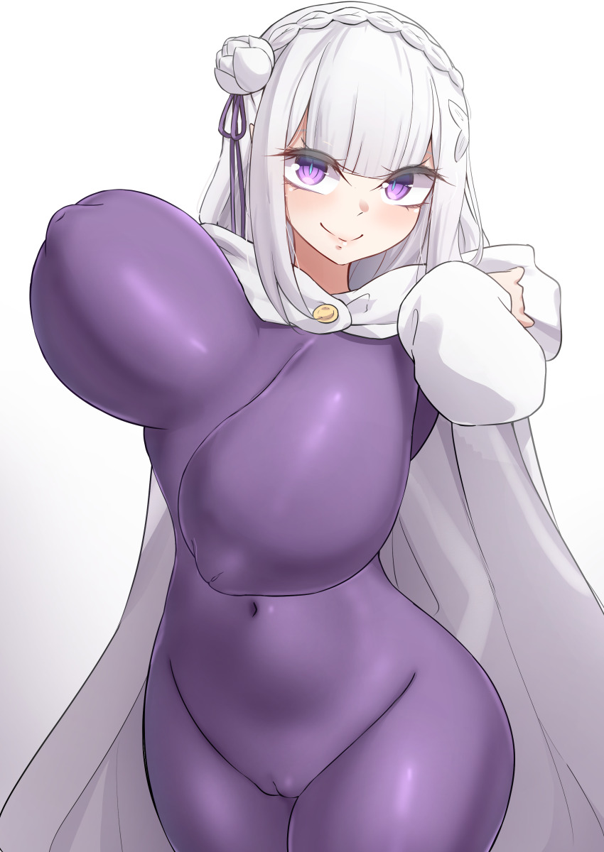1girl absurdres bodysuit bouncing_breasts braid breasts cameltoe cloak covered_erect_nipples covered_navel elf emilia_(re:zero) flower hair_flower hair_ornament hair_ribbon highres hood hood_down impossible_bodysuit impossible_clothes inverted_nipples mistynight pointy_ears purple_ribbon re:zero_kara_hajimeru_isekai_seikatsu ribbon sidelocks simple_background skin_tight smile thick_thighs thighs unaligned_breasts white_background white_cloak white_flower wide_hips x_hair_ornament