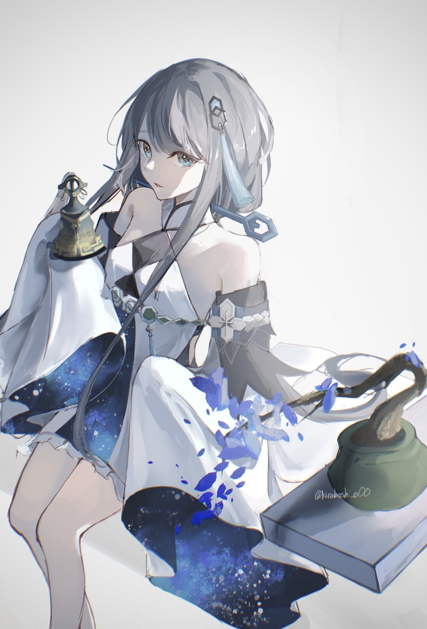1girl absurdres bare_legs bare_shoulders bell blue_eyes commentary_request detached_sleeves dress genshin_impact gradient_background grey_hair guizhong_(genshin_impact) hair_ornament highres long_hair looking_at_viewer parted_lips plant potted_plant simple_background sitting sleeves_past_fingers sleeves_past_wrists solo starry_sky_print stella_(105_yoru) tassel tassel_hair_ornament twitter_username white_dress wide_sleeves