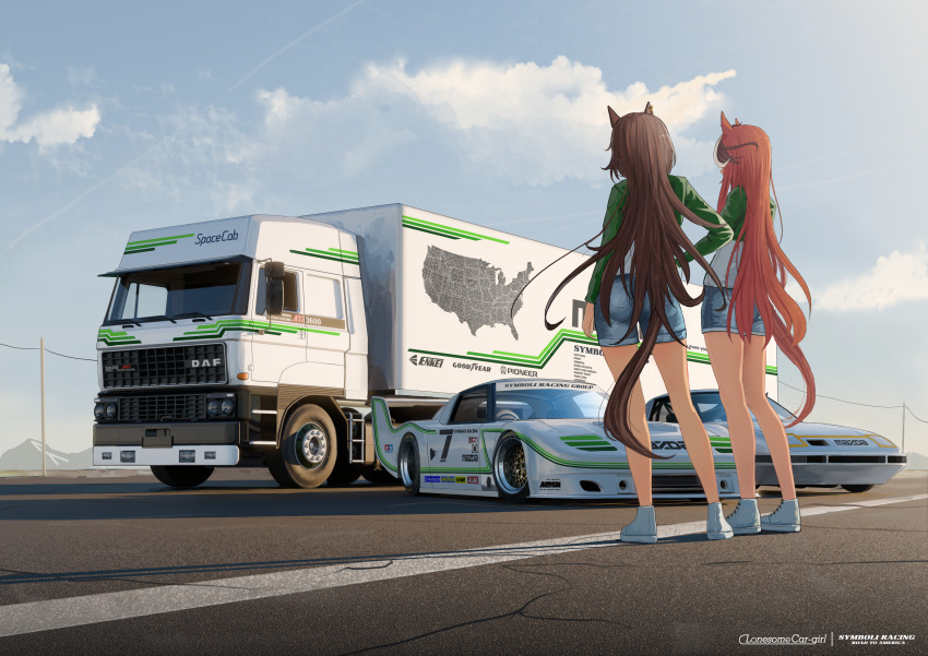 2girls absurdres animal_ears blue_sky brown_hair car clothing_cutout commentary contrapposto denim denim_shorts ear_covers ear_ornament english_commentary from_behind full_body goodyear green_jacket hand_on_own_hip highres horse_ears horse_girl horse_tail jacket long_sleeves map mazda mazda_rx-7 motor_vehicle multicolored_hair multiple_girls outdoors pavement pioneer_corporation run_rotary shoes shorts sky sneakers speed_symboli_(umamusume) spoiler_(automobile) standing streaked_hair symboli_rudolf_(umamusume) tail tail_through_clothes truck umamusume united_states white_hair white_shoes