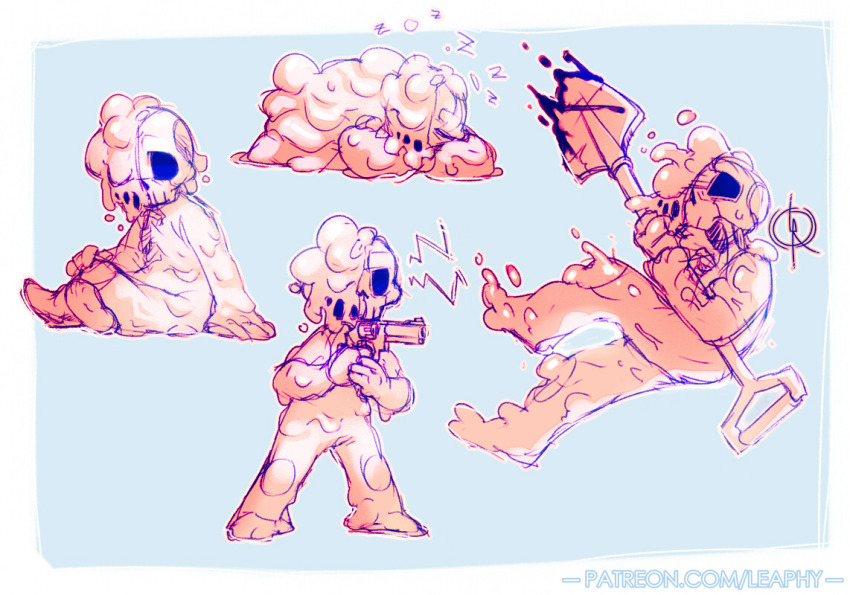 1boy artist_name black_liquid blue_background commentary falling gun handgun holding holding_gun holding_shovel holding_weapon leefii liquid melting melting_(nuclear_throne) melting_eyes nuclear_throne patreon_username revolver sad shovel signature simple_background sitting sketch skull sleeping standing sunken_eyes weapon