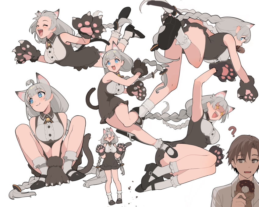 1boy 1girl ? ahoge alternate_costume animal_ears animal_hands black_shoes blue_eyes braid brown_eyes brown_hair cat_ears cat_tail cevio chocolate_donut commentary_request donut dress food gloves grey_hair highres holding holding_donut holding_food kizuna_akari long_hair mary_janes mouth_hold multiple_views paw_gloves shirinda_fureiru shoes simple_background socks sparkling_eyes tail takahashi_amato twin_braids very_long_hair voiceroid white_background white_socks