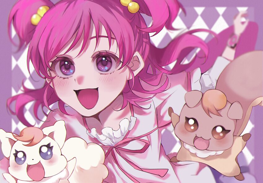 1girl animal argyle_background blurry border bug butterfly coco_(yes!_precure_5) cowboy_shot depth_of_field eyelashes floating_clothes floating_hair fox frilled_shirt frilled_skirt frills hair_bobbles hair_ornament happy highres insect layered_shirt layered_sleeves light_blush long_hair long_sleeves looking_ahead mer_(zo_no_00) miniskirt neck_ribbon nuts_(yes!_precure_5) open_mouth outside_border pink_butterfly pink_hair pink_ribbon pink_shirt pleated_skirt precure purple_background purple_border purple_eyes purple_skirt ribbon running shirt short_over_long_sleeves short_sleeves skirt smile squirrel swept_bangs tareme two-tone_background two_side_up watch white_background white_shirt wristwatch yes!_precure_5 yumehara_nozomi