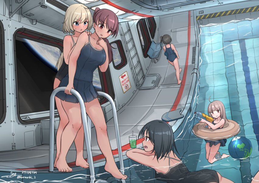 5girls absurdres aiming ball beachball black_hair blonde_hair blue_eyes caution dated earth_(planet) highres ladder long_hair moon multiple_girls one-piece_swimsuit original planet pleated_skirt ponytail pool red_eyes red_hair side_ponytail sign signature skirt space_station swimsuit teisei_misagi translated water_gun