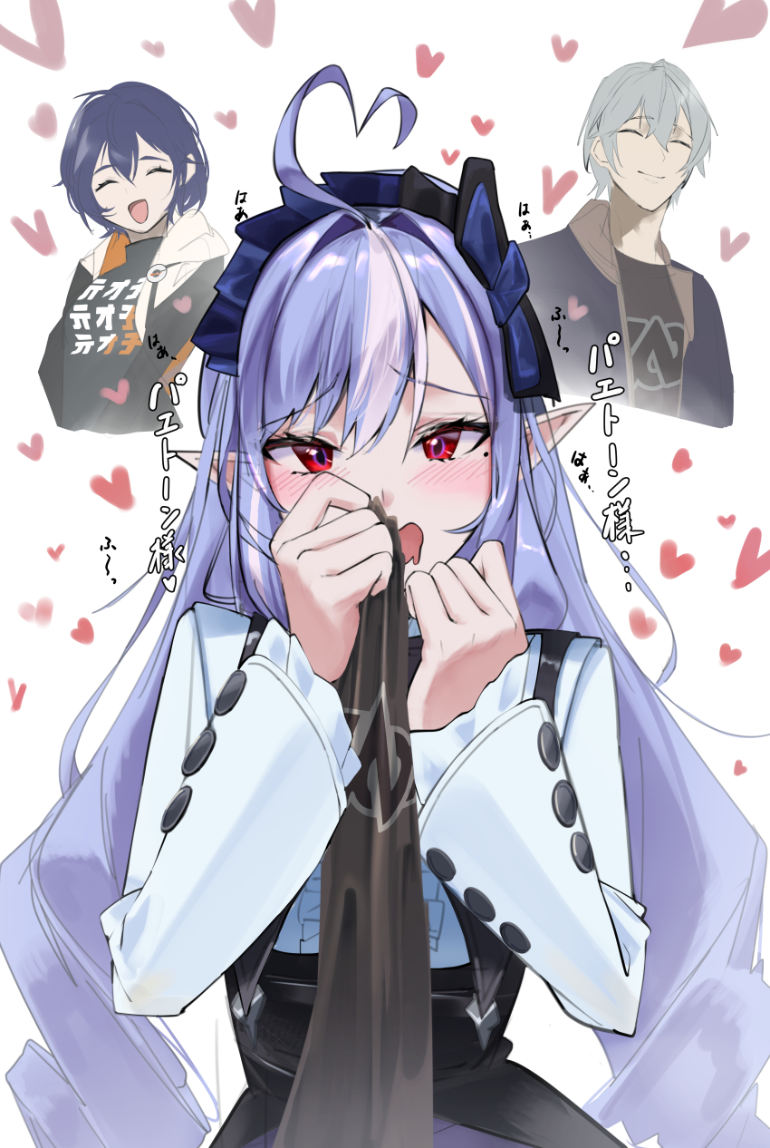 1boy 2girls absurdres ahoge belle_(zenless_zone_zero) black_jacket black_shirt blue_hair blush brother_and_sister center_frills commentary_request drooling frills grey_hair hairband hands_up heart heart_ahoge highres holding holding_shirt holding_unworn_clothes jacket koutannkoburia long_hair long_sleeves looking_at_viewer mole mole_under_eye mouth_drool multiple_girls pointy_ears purple_hair purple_hairband red_eyes shirt siblings simple_background smelling smelling_clothes translation_request unworn_shirt upper_body vivian_(zenless_zone_zero) white_background wise_(zenless_zone_zero) zenless_zone_zero