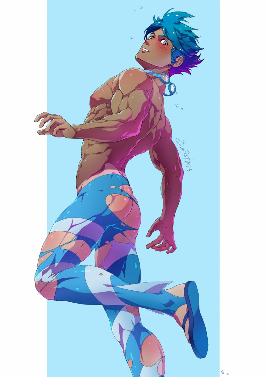 1boy abs ass bara blue_eyes blue_hair blue_male_swimwear blush dark-skinned_male dark_skin dated evinist flip-flops goggles goggles_around_neck highres large_pectorals legskin looking_at_viewer male_focus male_swimwear marlon_(pokemon) muscular muscular_male nintendo nipples pectorals pokemon pokemon_bw2 sandals short_hair signature solo stirrup_legwear toeless_legwear torn_clothes