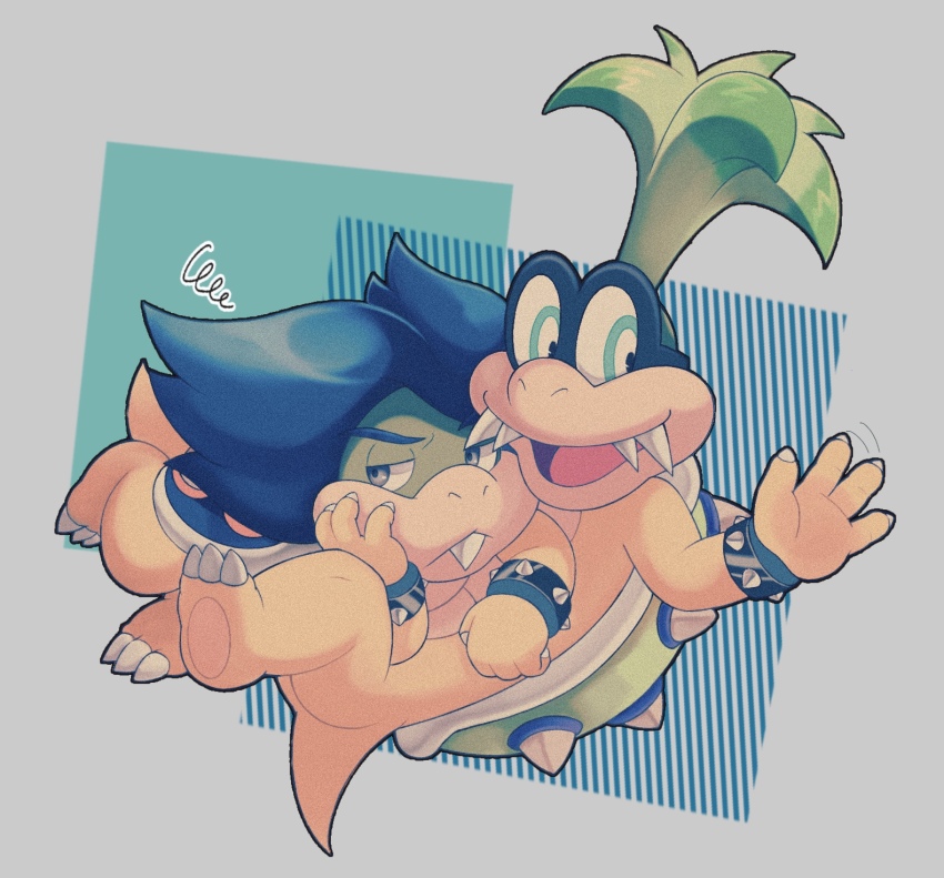 2boys aaaaiueo76 blue_hair bracelet glasses green_hair highres iggy_koopa jewelry ludwig_von_koopa lying mario_(series) multiple_boys nintendo on_back simple_background spiked_bracelet spikes super_mario_bros._3 waving