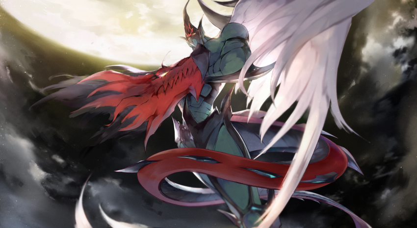 1boy closed_mouth cloud cloudy_sky colored_skin crossed_arms dragon dragon_tail duel_monster elemental_hero_flame_wingman feathered_wings glowing glowing_eyes green_skin highres kanaria_(fuusenkazura) looking_down male_focus monster moon night night_sky outdoors pointy_ears single_wing sky solo standing tail wings yellow_eyes yellow_moon yu-gi-oh! yu-gi-oh!_gx