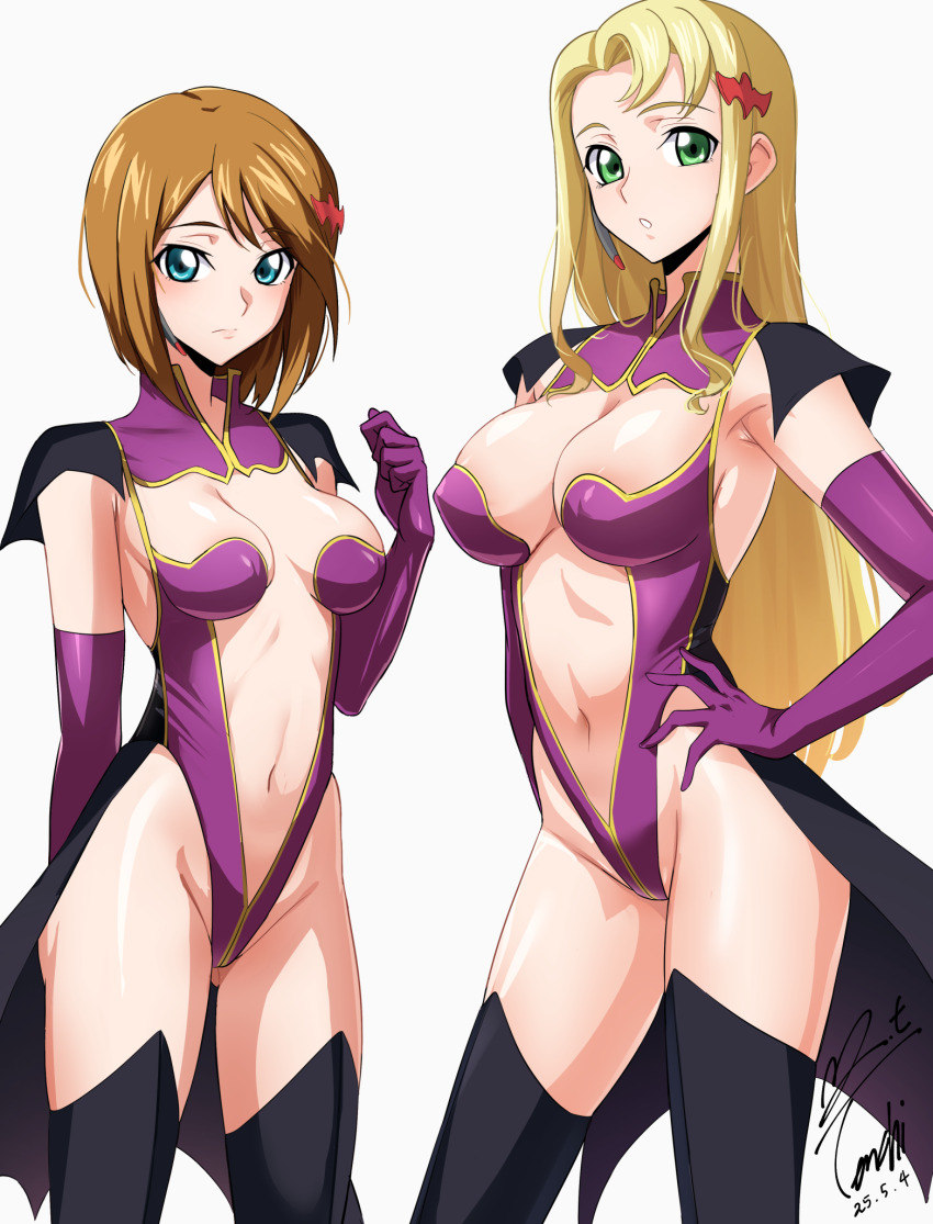 2girls areola_slip armpits black_thighhighs blonde_hair blue_eyes breasts brown_hair center_opening cleavage closed_mouth coattails code_geass commentary_request commission dated elbow_gloves frown gloves gluteal_fold green_eyes hair_ornament hairclip hand_on_own_hip highleg highleg_leotard highres large_breasts leotard liliana_vergamon long_hair looking_at_viewer marika_soresi medium_breasts multiple_girls navel parted_lips pixiv_commission purple_gloves purple_leotard revealing_clothes short_hair sidelocks signature simple_background thighhighs very_long_hair white_background yoo_tenchi