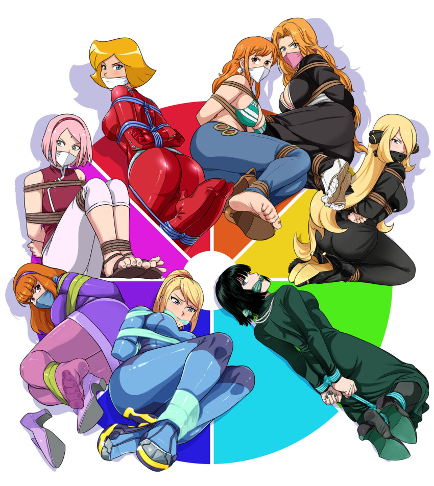 6+girls angry annoyed artistic_error ass bdsm bikini bikini_top_only bleach blonde_hair blue_bodysuit blue_eyes blue_pants blue_rope bodysuit bondage bound breasts brown_hair cleavage cleave_gag cloth_gag clover_(totally_spies) color_wheel_challenge creatures_(company) cynthia_(pokemon) daphne_blake dress female_focus fubuki_(one-punch_man) full_body gag gagged game_freak glaring green_dress green_eyes haruno_sakura highres improvised_gag kneeling large_breasts legs long_hair looking_at_viewer lost_one_zero lying matsumoto_rangiku medium_breasts metroid multiple_drawing_challenge multiple_girls nami_(one_piece) naruto_(series) nintendo official_alternate_costume one-punch_man one_piece one_shoe_removed orange_eyes orange_hair over_the_nose_gag pants pantyhose pink_hair pokemon pokemon_dppt purple_dress purple_pantyhose red_bodysuit rope samus_aran sandals scooby-doo shibari single_bare_foot swimsuit thighs toes totally_spies tsurime v-shaped_eyebrows