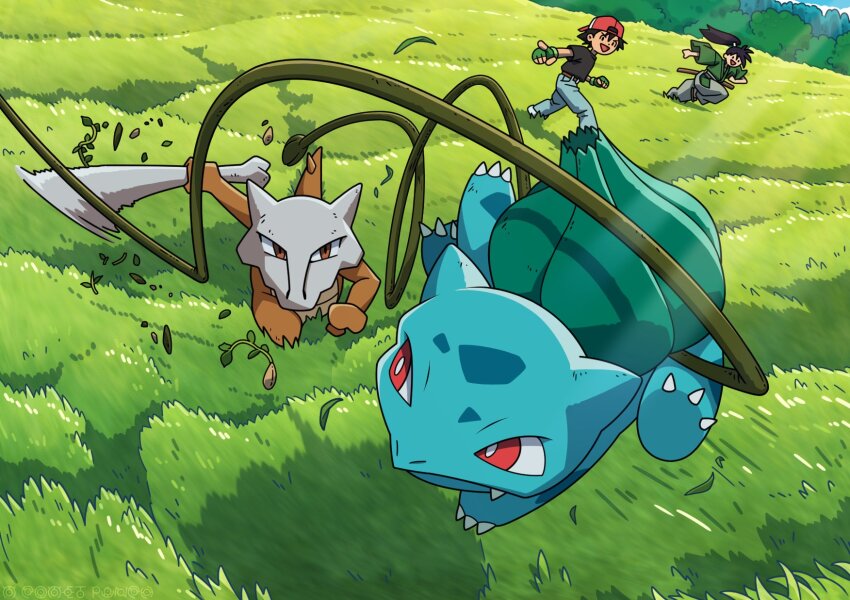 2boys ash_ketchum backwards_hat black_shirt bone bright_pupils brown_eyes bulbasaur claws closed_mouth commentary_request day falling_leaves fang fang_out fingerless_gloves gen_1_pokemon gloves grass green_gloves green_kimono hat highres japanese_clothes kimono komepan leaf leg_up light_rays male_focus marowak multiple_boys nintendo otoshi_(pokemon) outdoors pants plant pointing pokemon pokemon_(anime) pokemon_(classic_anime) pokemon_(creature) ponytail red_eyes shirt short_sleeves standing t-shirt vines white_pupils