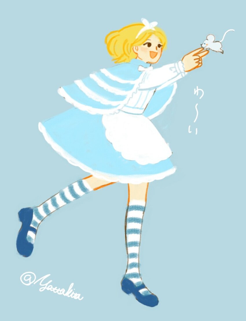 1girl animal apron black_eyes blonde_hair blue_capelet capelet classicaloid frilled_capelet frills full_body hairband highres long_sleeves mary_janes mouse_(animal) open_mouth pyotr_illyich_tchaikovsky_(classicaloid) shirt shoes short_hair simple_background solo striped_clothes striped_thighhighs thighhighs translation_request white_apron white_hairband white_shirt yatta_kita