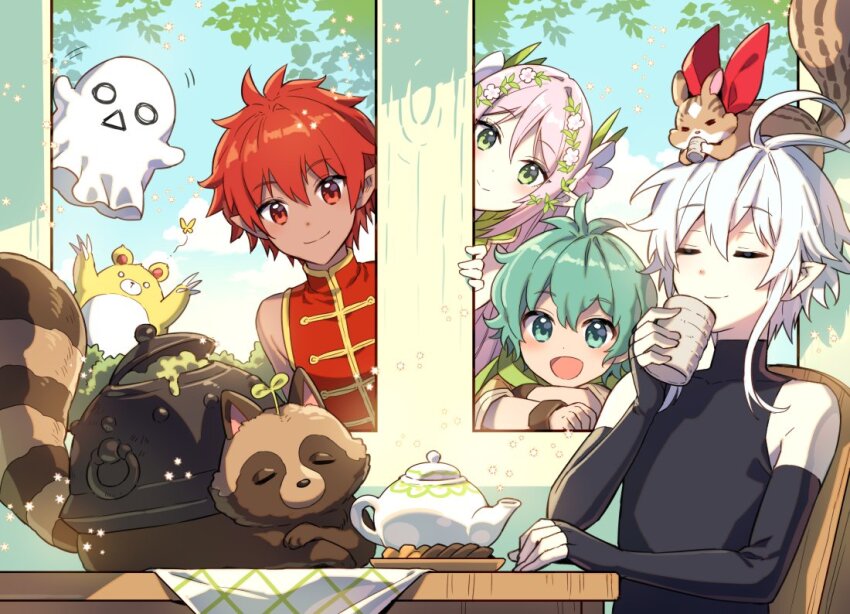 1boy 3boys :d animal animal_on_head antenna_hair bear blue_sky cauldron chagama_(deokure_tamer_no_sonohigurashi) chinese_clothes closed_eyes cloud cup deokure_tamer_no_sonohigurashi detached_sleeves familiar flower green_eyes green_hair hair_flower hair_ornament head_rest himuka holding holding_cup kumama_(deokure_tamer_no_sonohigurashi) long_hair looking_at_another multiple_boys nardack novel_illustration official_art olto on_chair on_head open_mouth pink_hair pointy_ears red_eyes red_hair rick_(deokure_tamer_no_sonohigurashi) rinne_(deokure_tamer_no_sonohigurashi) sakura_(deokure_tamer_no_sonohigurashi) sasaki_yuta_(deokure_tamer_no_sonohigurashi) second-party_source sheet_ghost shirt short_hair sitting sky sleeveless sleeveless_shirt smile squirrel table tanuki teapot tree white_hair