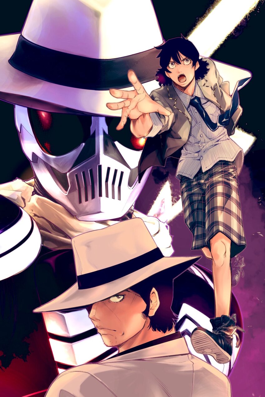black_hair black_shirt formal_clothes fuuto_tantei hat hidari_shoutarou highres kamen_rider kamen_rider_skull kamen_rider_w multiple_boys narumi_sokichi necktie official_art open_mouth sato_masaki_(masayakofu) scarf shirt shorts suit vest white_shirt white_suit
