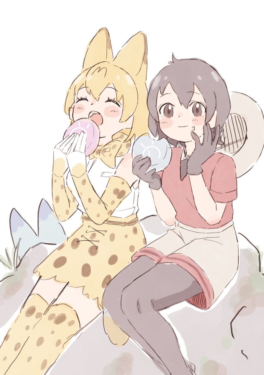 0nanaten 2girls animal_ears animal_print backpack bag bare_shoulders black_gloves black_hair black_pantyhose blonde_hair blush bow bowtie brown_eyes cat_ears cat_girl cat_tail closed_eyes crumbs eating elbow_gloves extra_ears food gloves grey_shorts hair_between_eyes hat high-waist_skirt highres japari_bun kaban_(kemono_friends) kemono_friends multiple_girls open_mouth pantyhose print_bow print_bowtie print_gloves print_skirt print_thighhighs red_shirt serval_(kemono_friends) shirt short_hair short_sleeves shorts sidelocks sitting skirt t-shirt tail thighhighs unworn_hat unworn_headwear white_shirt yellow_bow yellow_bowtie yellow_gloves yellow_skirt yellow_thighhighs zettai_ryouiki