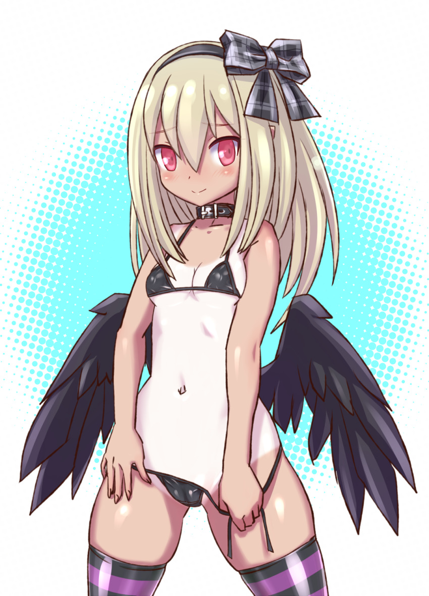 1girl bikini black_bikini black_hairband black_ribbon black_wings blonde_hair cameltoe clothing_aside dark_feather_alma embarrassed emil_chronicle_online hairband highres looking_at_viewer navel purple_thighhighs raised_inner_eyebrows red_eyes ribbon serizawa_(knight2020) striped_clothes striped_thighhighs swimsuit swimsuit_aside tan tanline thighhighs wings