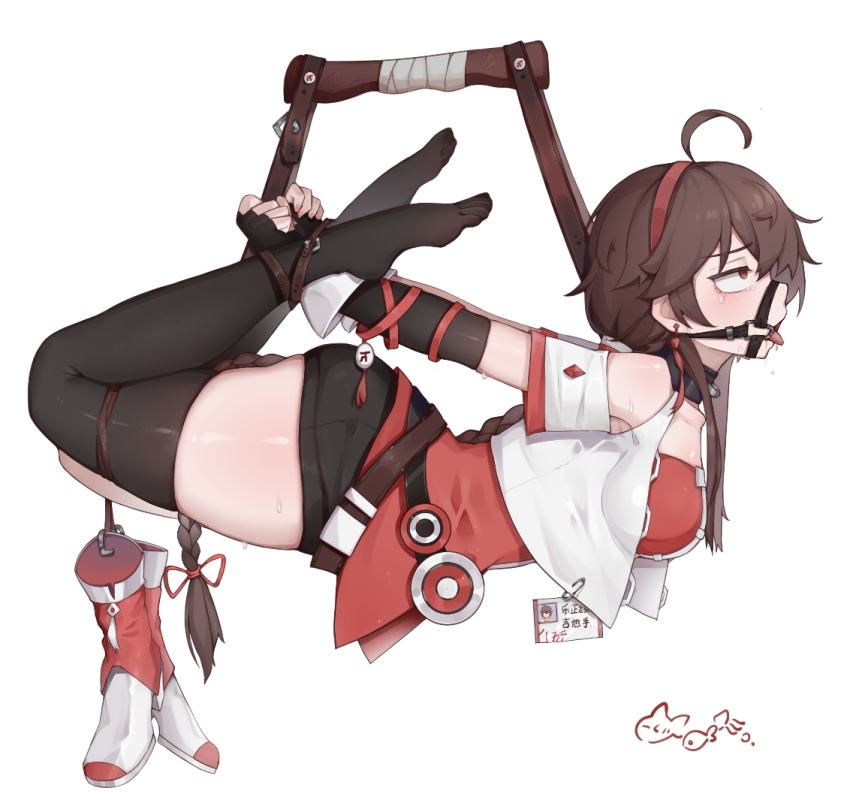 1girl ahoge bare_shoulders beiji_shayu black_gloves black_thighhighs bound bound_arms bound_legs braid breasts brown_eyes brown_hair collar collarbone elbow_gloves feet fingerless_gloves gag gag_harness gagged gloves hogtie legs looking_to_the_side medium_breasts restrained ring_gag shorts skindentation suspension thighhighs thighs vocaloid yuezheng_ling