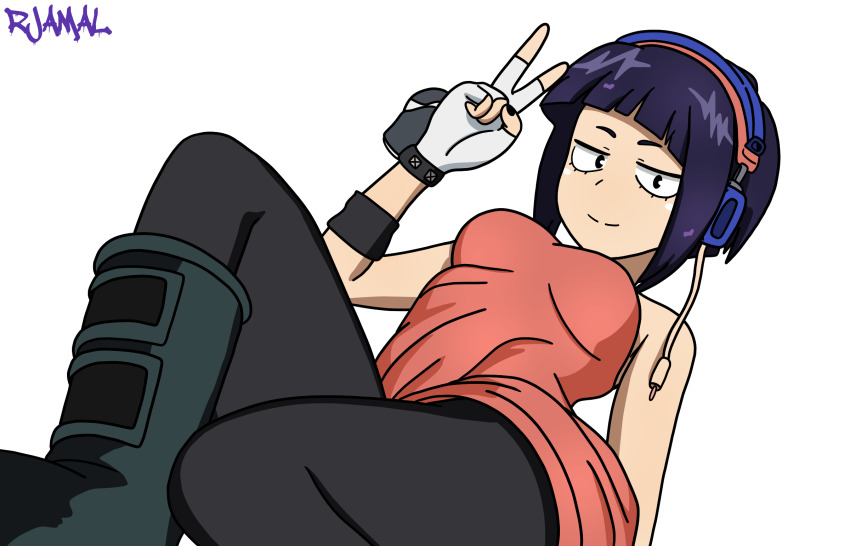 1girl audio_jack black_eyes black_pants blunt_bangs boku_no_hero_academia boots breasts fingerless_gloves gloves headphones highres jiro_kyoka jiro_kyoka long_earlobes looking_at_viewer pants purple_hair red_tank_top rjamal shirt short_hair smile solo tank_top thighs v white_background white_gloves