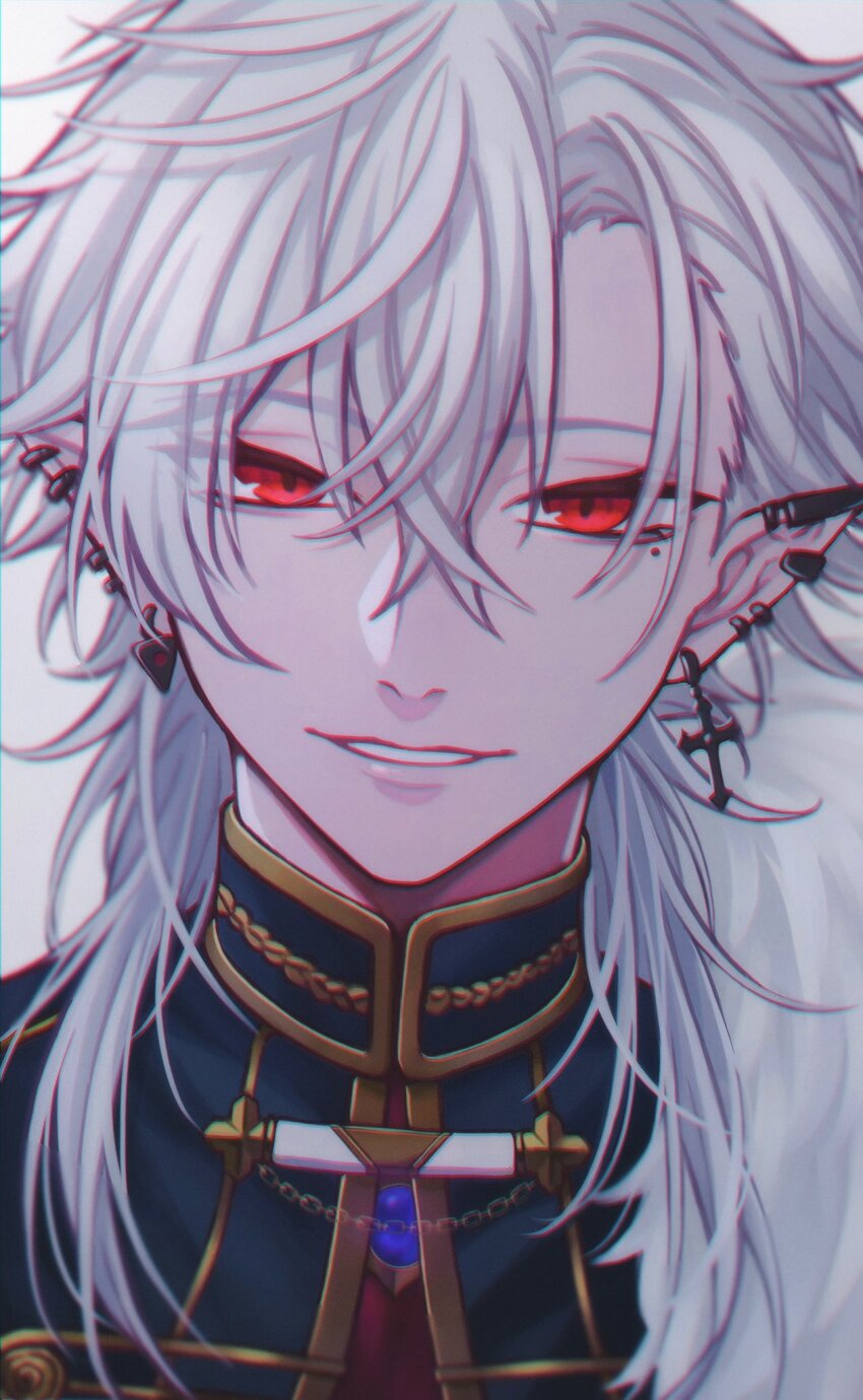 1boy cross cross_earrings ear_piercing earrings fur_trim hair_between_eyes high_collar highres hoop_earrings jacket jewelry kuzuha_(nijisanji) long_hair looking_at_viewer male_focus mole mole_under_eye moxamog nijisanji parted_lips piercing red_eyes simple_background solo upper_body virtual_youtuber white_background white_hair