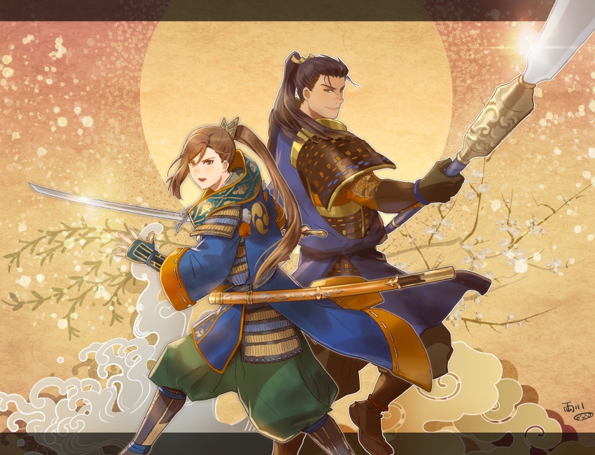 armor back-to-back black_hair brothers brown_hair highres japanese_clothes katana kikkawa_motoharu kimono kobayakawa_takakage long_hair naginata polearm ponytail sengoku_musou sengoku_musou_5 sheath siblings sword weapon