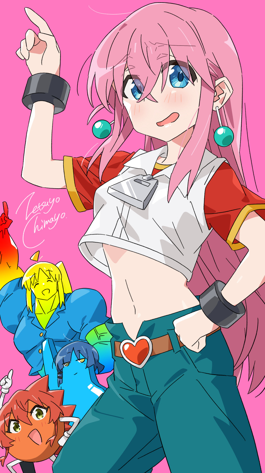 4girls absurdres arm_up artist_name beauty_(bobobo-bo_bo-bobo) belt blue_eyes blush bobobo-bo_bo-bobo bocchi_the_rock! character_request commentary_request cosplay cropped_shirt don_patch earrings gotoh_hitori green_pants hand_on_own_hip heart_belt highres ijichi_nijika jewelry kita_ikuyo long_hair midriff multiple_girls navel open_mouth pants pink_background pink_hair shirt short_sleeves sidelocks solo_focus yamada_ryo zetsuyo_chimayo