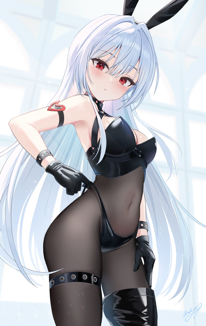 1girl animal_ear_hairband animal_ears arm_strap artist_name black_gloves black_pantyhose black_thighhighs blush bondage_outfit breasts cleavage commentary_request covered_groin covered_navel fake_animal_ears gloves hair_between_eyes hair_intakes hairband halterneck hand_on_own_thigh head_tilt heart_ornament highres latex latex_thighhighs long_hair looking_at_viewer may9 medium_breasts nontraditional_playboy_bunny original pantyhose parted_lips playboy_bunny rabbit_ears red_eyes signature single_thighhigh solo sparkle strap_pull thigh_strap thighhighs thighs very_long_hair white_hair