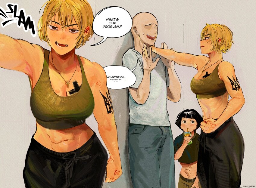 1boy 2girls abs ailin_(yurseinhower) arm_tattoo azov_battalion bad_link black_hair blonde_hair breast_tattoo breasts brown_eyes brown_tank_top clenched_hand crop_top cross cross_necklace drink drinking_straw faceless faceless_male from_side groin highres holding holding_drink jewelry kabedon looking_at_viewer lower_teeth_only marichka military military_uniform multiple_girls multiple_views necklace open_mouth original pov russo-ukrainian_war scowl short_hair smile soldier speech_bubble sweatdrop tank_top tattoo teeth tongue tryzub ukraine usergore wavy_hair