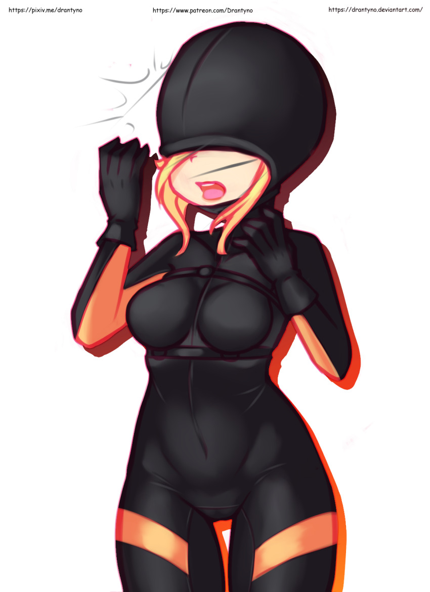 1girl black_bodysuit black_gloves blonde_hair bodysuit breasts capcom covered_eyes diving_suit drantyno gloves highres long_hair medium_breasts open_mouth rachael_foley resident_evil resident_evil:_revelations standing surprised teeth wetsuit white_background