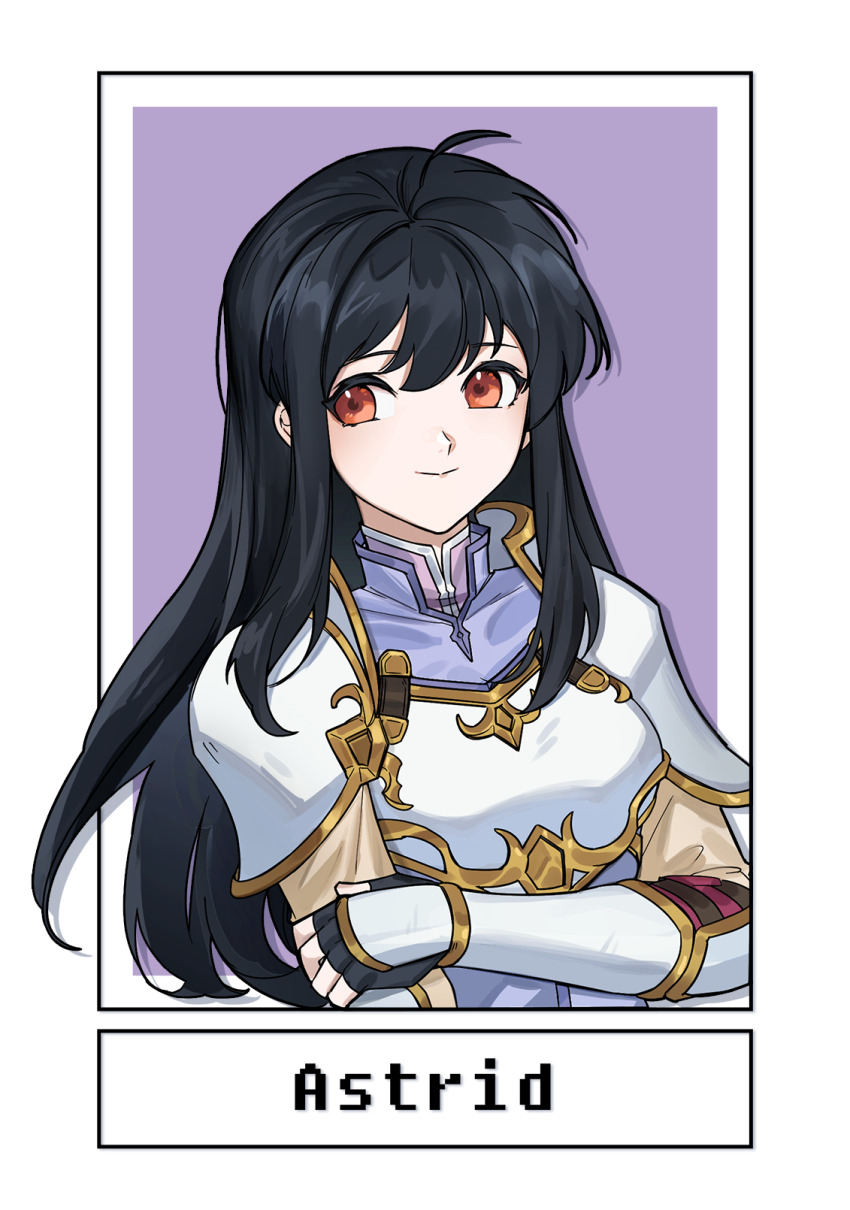1girl ahoge armor astrid_(fire_emblem) black_gloves black_hair breastplate commentary_request fingerless_gloves fire_emblem fire_emblem:_path_of_radiance gloves highres long_hair looking_at_viewer nintendo pauldrons purple_shirt red_eyes shirt shoulder_armor silvercandy_gum smile solo upper_body very_long_hair