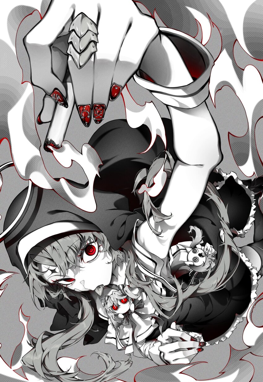 1girl absurdres aimaina arm_up black_dress character_request cigarette copyright_request doll doushite-chan dress from_above greyscale halo hatsune_miku highres holding holding_cigarette jewelry kamippoina_(vocaloid) kobacha_(ochakoba) looking_at_viewer monochrome perspective piercing red_eyes red_nails ring ringed_eyes smoke spot_color tongue tongue_out tongue_piercing vocaloid wrist_cuffs