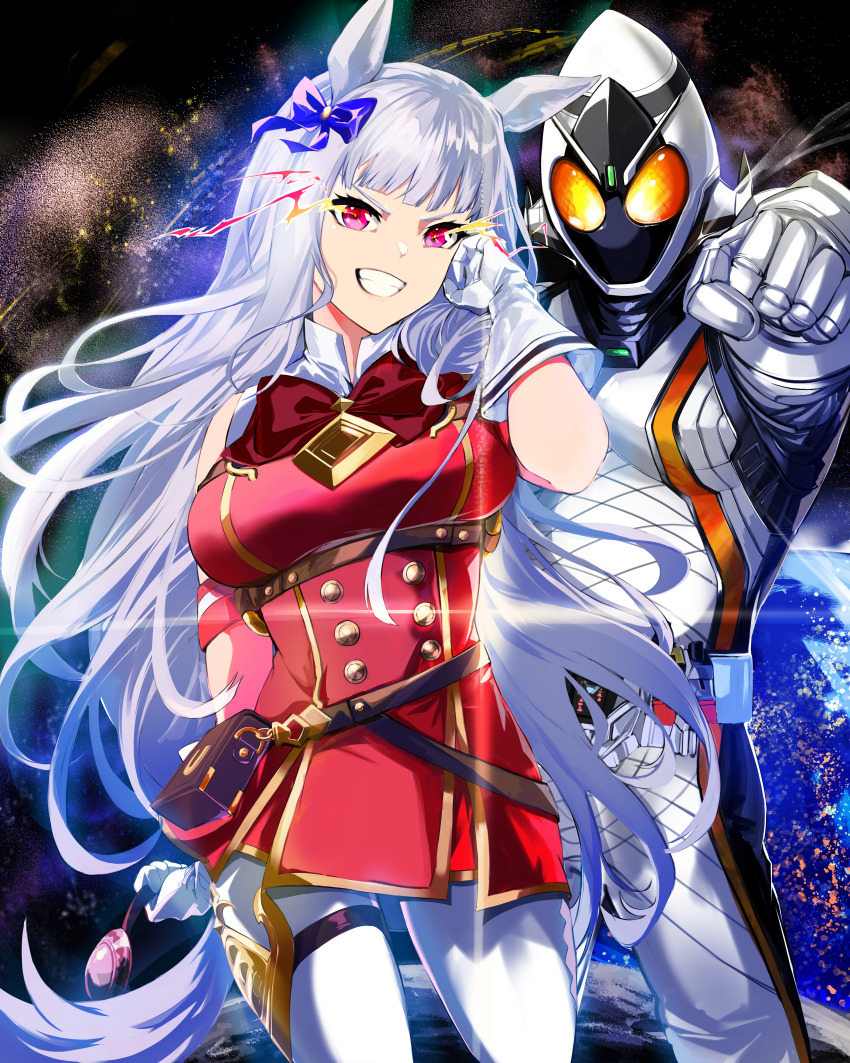 1boy 1girl absurdres achillodos animal_ears belt bow gold_ship_(umamusume) grey_hair highres horse_ears horse_girl horse_tail kamen_rider kamen_rider_fourze kamen_rider_fourze_(series) long_hair purple_eyes smile space tail umamusume