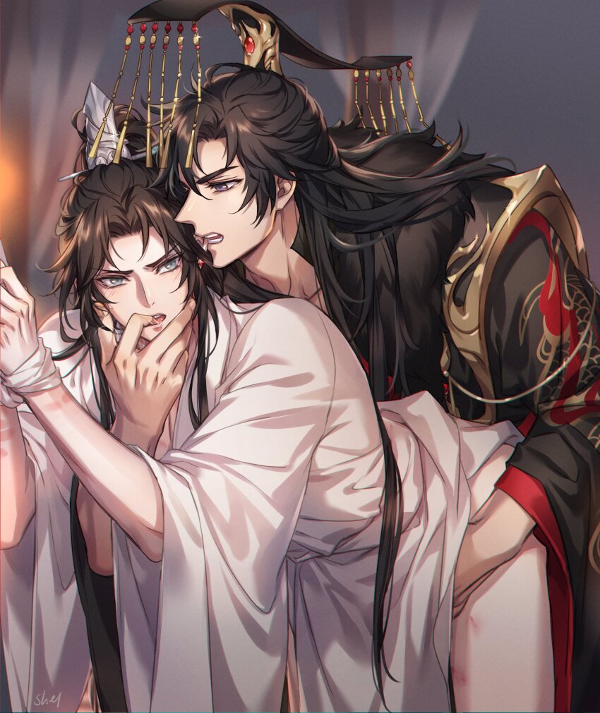 2boys absurdres bdsm bent_over biting biting_ear black_hair black_hanfu blue_eyes blush bondage bound bound_wrists breathing brown_hair bruise chinese_clothes chu_wanning clothes_lift cowboy_shot dragon_print earrings erha_he_ta_de_bai_mao_shizun finger_in_another&#039;s_mouth fur-trimmed_robe fur_trim furrowed_brow half_updo hand_under_clothes hanfu high_ponytail highres injury jewelry long_hair long_sleeves looking_at_another male_focus mo_ran multiple_boys no_pants open_clothes open_mouth ponytail purple_eyes robe saliva stud_earrings taxian-jun teeth tongue white_hanfu wide_sleeves xiao_guan_(headdress) yaoi zehel_az