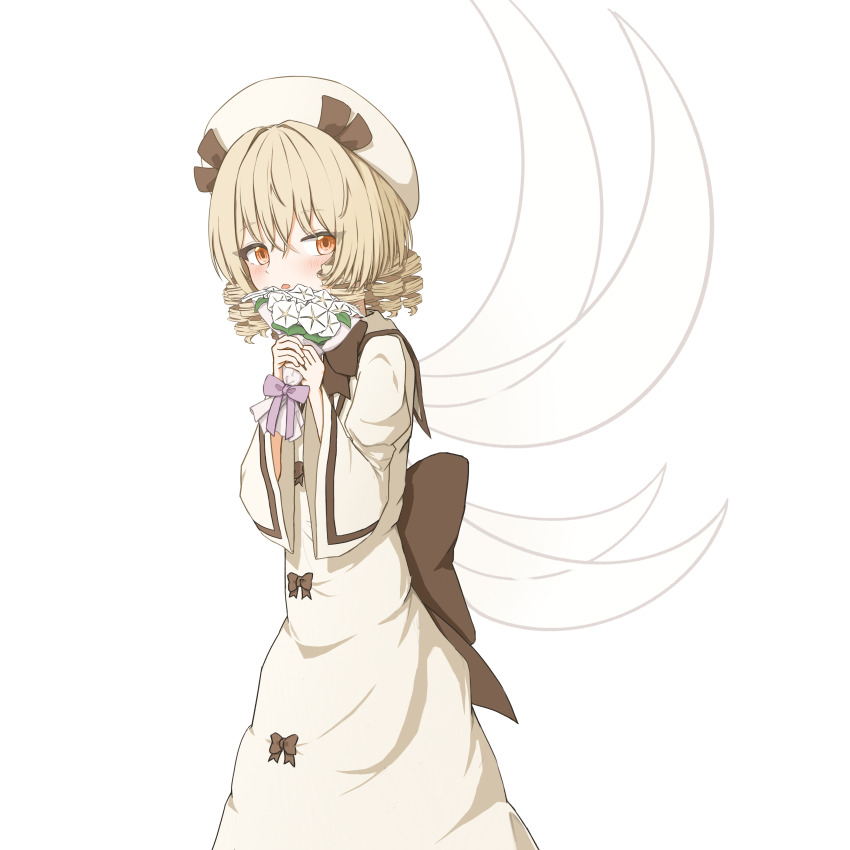1girl absurdres black_bow blonde_hair blush bow dress drill_hair flower full_body hat highres luna_child nemanikoga own_hands_together red_eyes solo touhou transparent_background white_dress wings