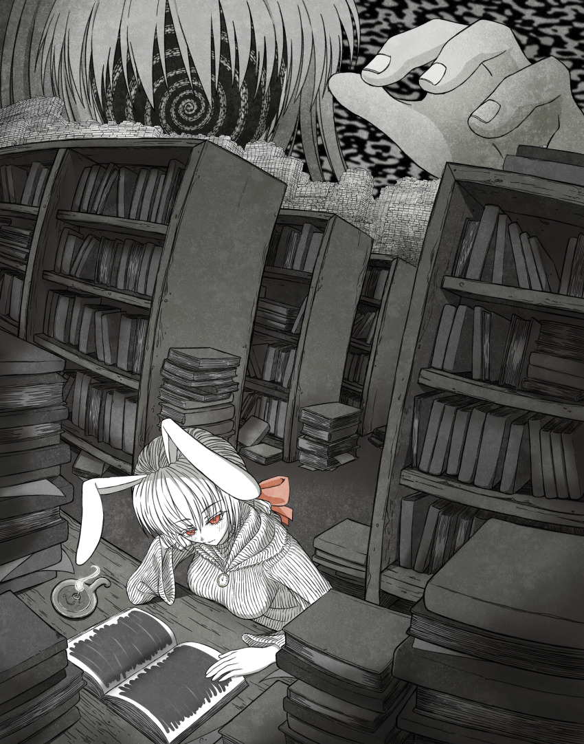 2girls absurdres alice_(black_souls) animal_ears black_souls book bookshelf breasts candle clock_necklace commentary_request desk faceless giant giantess greyscale highres long_hair long_sleeves monochrome multiple_girls node_(black_souls) open_book orange_eyes orange_ribbon partially_colored rabbit_ears reaching ribbon spiral sweater zanmu_no_sora