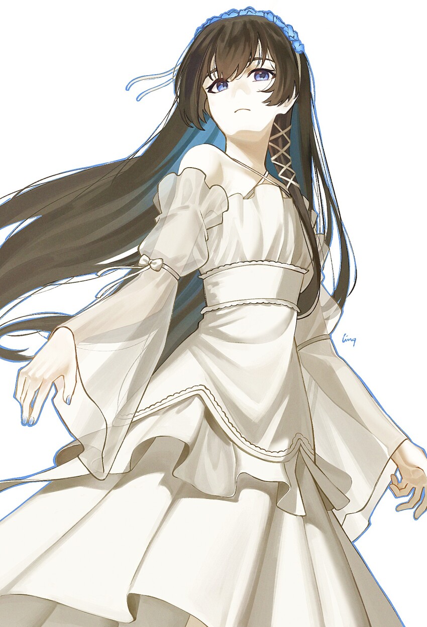 1girl arm_ribbon black_hair blue_eyes blue_flower blue_hair blue_nails blue_outline closed_mouth colored_inner_hair commentary cowboy_shot criss-cross_halter curled_fingers detached_sleeves dress fingernails floating_hair flower flower_hairband frilled_dress frilled_sash frills gradient_hair hair_between_eyes hair_ornament hair_over_shoulder hair_tie halter_dress halterneck highres kagura_hikari light_frown ling_(chaaaaanhikari) long_hair long_sleeves looking_to_the_side multicolored_hair official_alternate_costume outline ribbon sash see-through_clothes see-through_sleeves shoujo_kageki_revue_starlight simple_background solo white_background white_dress white_ribbon white_sash wide_sleeves x_hair_ornament