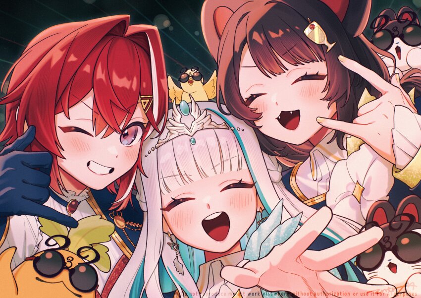 3girls :3 ^_^ absurdres aiguillette ange_katrina animal animal_ears banken_(inui_toko) bird blue_hair blunt_bangs blush brown_hair closed_eyes commentary_request creature crossed_bangs cup_hair_ornament dog_ears earrings fangs feather_earrings feathers grin hair_between_eyes hair_ornament hand_up highres inui_toko jewelry lips lize_helesta long_hair looking_at_viewer mandragora mandragora_(ange_katrina) matching_eyewear matsugi_zuntaro multicolored_hair multiple_girls nijisanji nijisanji_idol_uniform number_glasses one_eye_closed open_mouth purple_eyes reaching reaching_towards_viewer red_hair sanbaka_(nijisanji) sebastian_piyodore shaka_sign silver_tiara smile streaked_hair sunglasses swept_bangs teeth triangle_hair_ornament two-tone_hair upper_teeth_only virtual_youtuber watermark white_hair yellow_bird