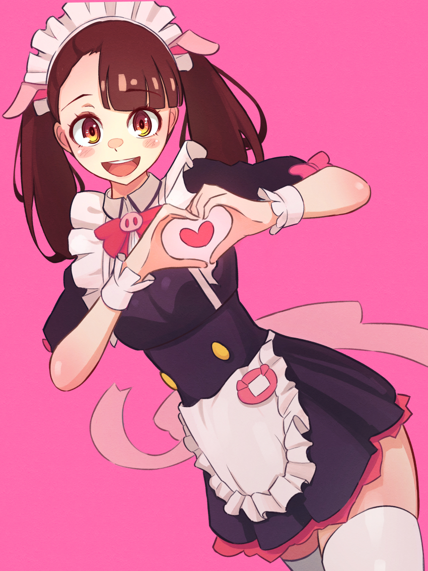 1girl :d absurdres alternate_costume alternate_hairstyle apron asymmetrical_bangs black_shirt black_skirt blush bow bowtie brown_eyes brown_hair enmaided heart heart_hands highres kagari_atsuko little_witch_academia long_hair looking_at_viewer madabau maid maid_headdress miniskirt open_mouth pink_background red_bow red_bowtie shirt short_sleeves simple_background skirt smile solo standing thighhighs twintails waist_apron white_apron white_thighhighs white_wrist_cuffs wrist_cuffs zettai_ryouiki
