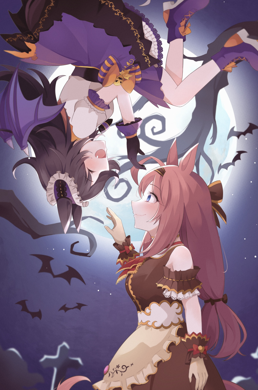 2girls absurdres ahoge animal_ears apron armband bat_(animal) bat_wings black_bow black_bowtie black_skirt blue_eyes boots bow bowtie breasts brown_dress brown_hair brown_hairband closed_eyes closed_mouth coco_(coco_rr) commentary_request dress facing_another fang flipped_hair frilled_apron frilled_armband frills full_moon hair_bow hairband halloween highres horse_ears horse_girl horse_tail layered_shirt long_hair looking_at_another low-tied_long_hair low_twintails medium_breasts mihono_bourbon_(code:glassage)_(umamusume) mihono_bourbon_(umamusume) moon multiple_girls night night_sky purple_boots purple_skirt rice_shower_(make_up_vampire!)_(umamusume) rice_shower_(umamusume) shirt skirt sky sleeveless sleeveless_dress smile spiked_hair tail twintails umamusume upside-down waist_apron white_shirt wings wrist_cuffs yellow_apron yuri