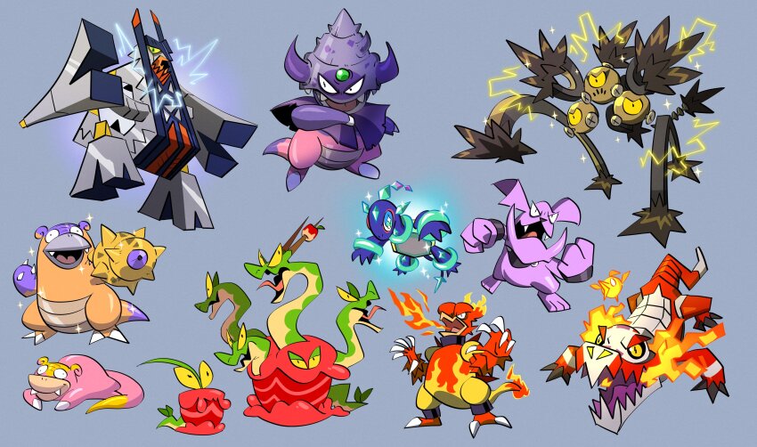 absurdres animal_focus apple archaludon berardbro breath_weapon breathing_fire claws clenched_hand commentary crocodilian dipplin electricity fangs fire fire_bird_(skeledirge) food food-themed_creature fruit galarian_form galarian_slowbro galarian_slowking galarian_slowpoke gen_1_pokemon gen_2_pokemon gen_8_pokemon granbull grey_background highres horns hydrapple lying magmar multiple_heads nintendo no_humans on_stomach open_mouth pokemon pokemon_(creature) sandy_shocks simple_background skeledirge skin_fangs tail terapagos terapagos_(normal) tongue tongue_out turtle worm