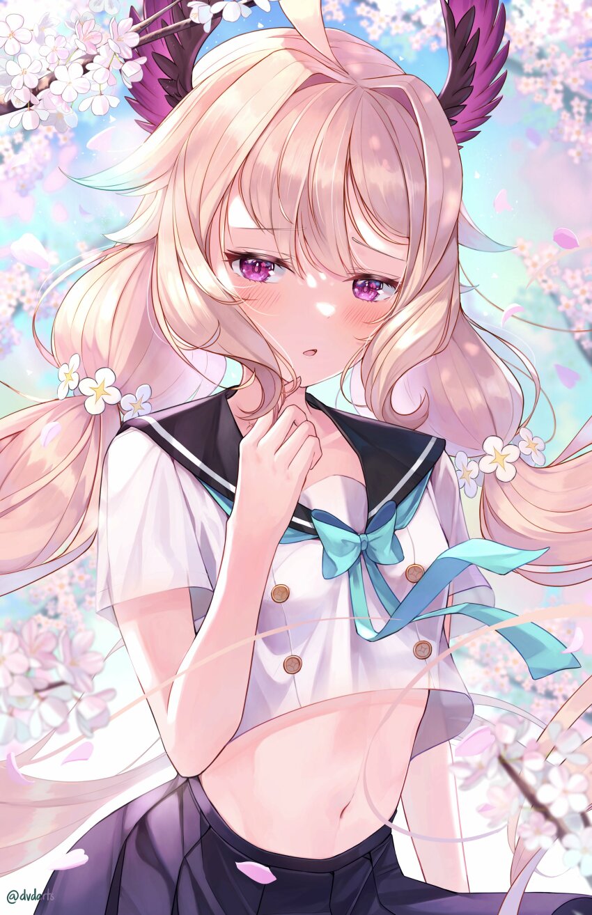 1girl absurdres bird_girl blonde_hair blush bow cherry_blossoms dvdarts enna_alouette highres long_hair midriff navel nijisanji nijisanji_en outdoors purple_eyes school_uniform skirt sky solo twintails twitter_username virtual_youtuber