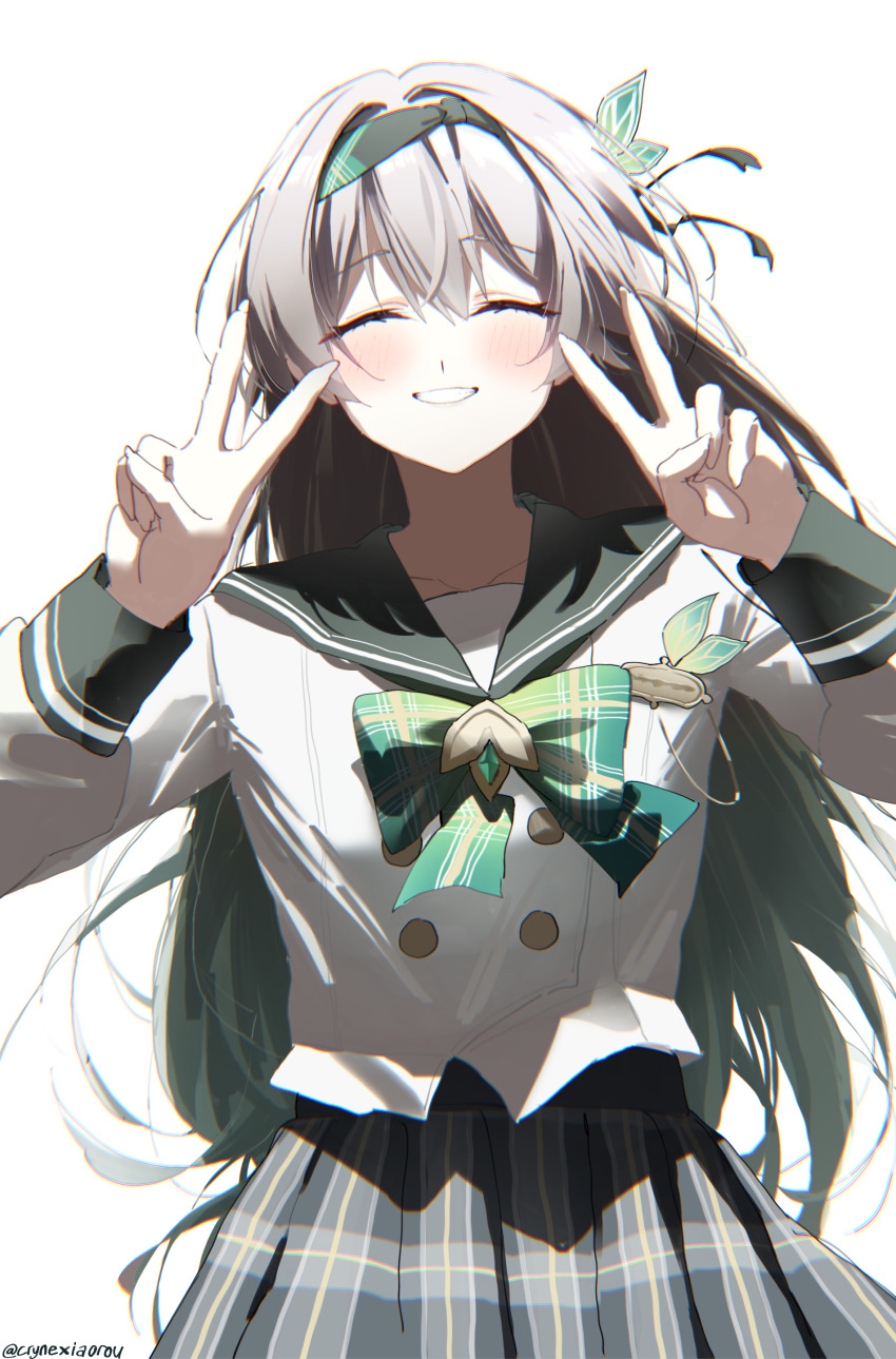 1girl absurdres black_hairband black_sailor_collar blush bow bowtie closed_eyes collarbone commentary cryne double_v facing_viewer fingernails firefly_(honkai:_star_rail) firefly_(spring_missive)_(honkai:_star_rail) gradient_hair green_bow green_bowtie green_hair grey_hair grey_skirt hair_between_eyes hair_ornament hairband highres honkai:_star_rail honkai_(series) long_hair long_sleeves multicolored_hair official_alternate_costume parted_lips plaid_clothes plaid_skirt sailor_collar school_uniform shirt simple_background skirt smile solo twitter_username v white_background white_shirt