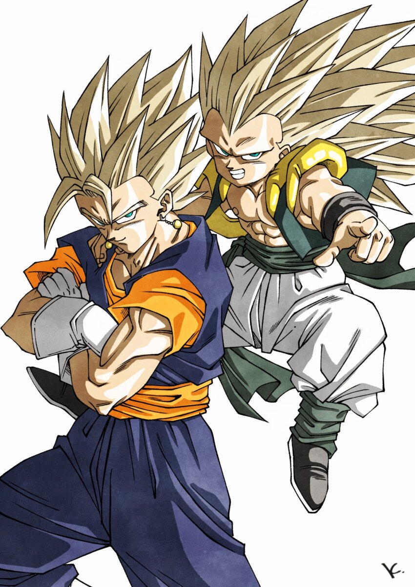 2boys black_vest blue_pants blue_shirt cowboy_shot cropped_vest crossed_arms dougi dragon_ball dragonball_z earrings father_and_son full_body gloves gotenks green_eyes highres jewelry kakeru_(dbskakeru) long_hair male_focus medium_hair metamoran_vest midair multiple_boys muscular muscular_male no_eyebrows no_shirt orange_sash orange_shirt pants pointing pointing_at_viewer potara_earrings shirt simple_background smirk smug spiked_hair super_saiyan super_saiyan_1 super_saiyan_3 vegetto vest white_background white_gloves