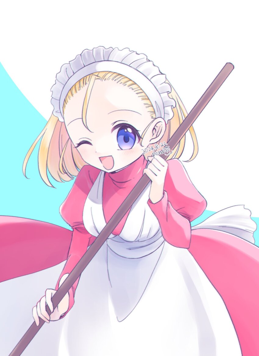 1girl :d apron blonde_hair blue_background blue_eyes broom commentary_request highres holding holding_broom kikimora_(puyopuyo) looking_at_viewer maid_apron maid_headdress one_eye_closed open_mouth porucccooo puyopuyo simple_background smile solo white_background white_headdress