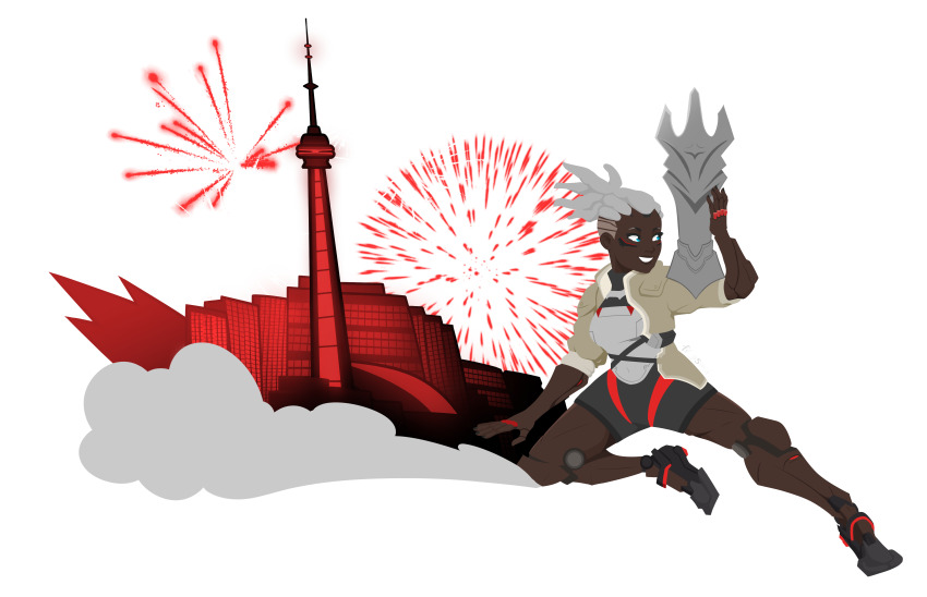 1girl absurdres black_shorts blue_eyes dark-skinned_female dark_skin fireworks frogsmiie full_body high_ponytail highres holding holding_trophy mechabare mechanical_foot mechanical_legs open_hand overwatch overwatch_2 overwatch_league ponytail shorts sliding smile smoke smoke_trail sojourn_(overwatch) solo spread_legs toronto toronto_defiant tower transparent_background trophy twitter_username white_hair