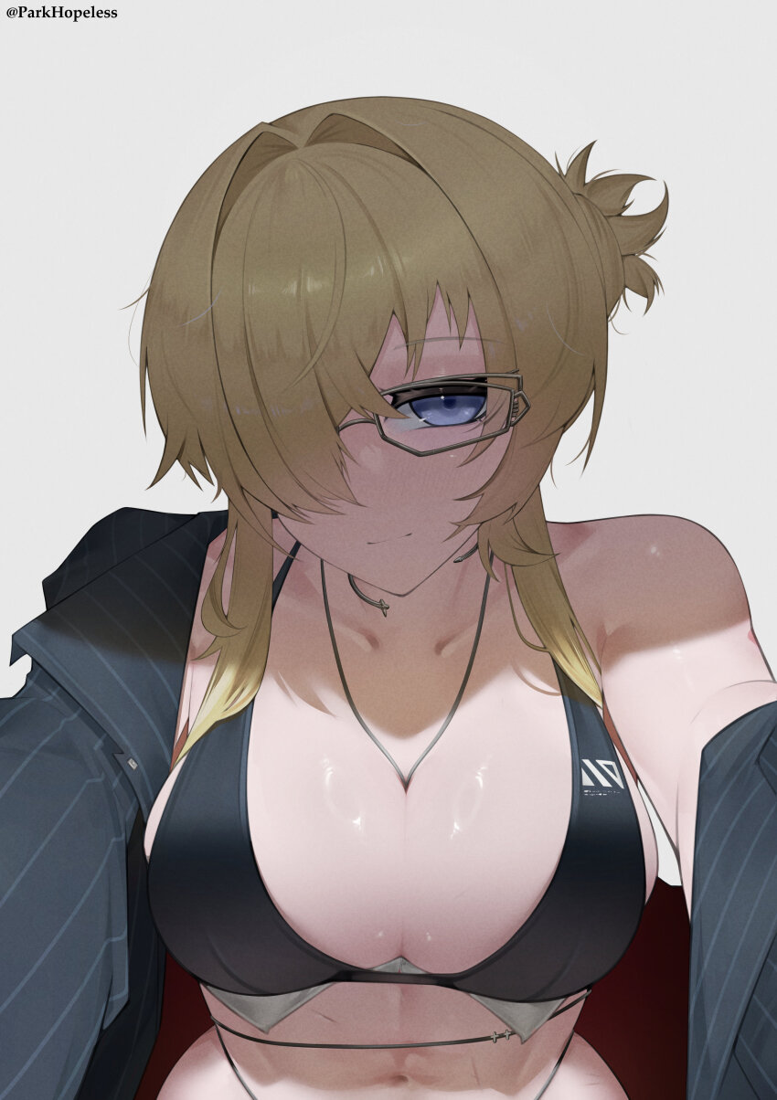 1girl absurdres bikini black_bikini breasts choker cross cross_choker formal_clothes goddess_of_victory:_nikke grave_(beautiful_you)_(nikke) grave_(nikke) highres leather_bikini muscular muscular_female navel official_alternate_costume parkhopless pinstripe_jacket pinstripe_pattern pinstripe_suit simple_background solo suit swimsuit upper_body white_background