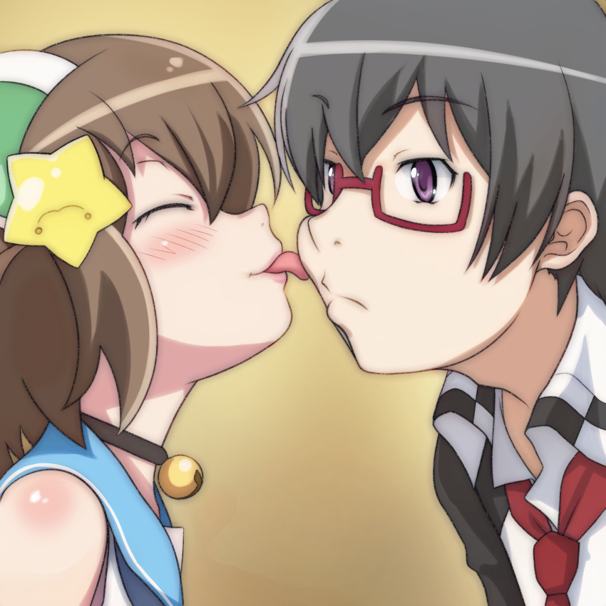 1boy 1girl amato_takeru animal_ears bell black_hair black_shirt blue_neckerchief blush brown_hair cat_ears cat_girl closed_eyes collar confused etotama glasses hair_ornament highres jacket jingle_bell licking licking_another&#039;s_cheek neck_bell neckerchief necktie nyaa-tan open_clothes open_jacket purple_eyes red_necktie school_uniform shirt short_hair short_sleeves sleeveless sleeveless_shirt smile star_(symbol) star_hair_ornament t_jiroo_(ringofriend) upper_body white_shirt